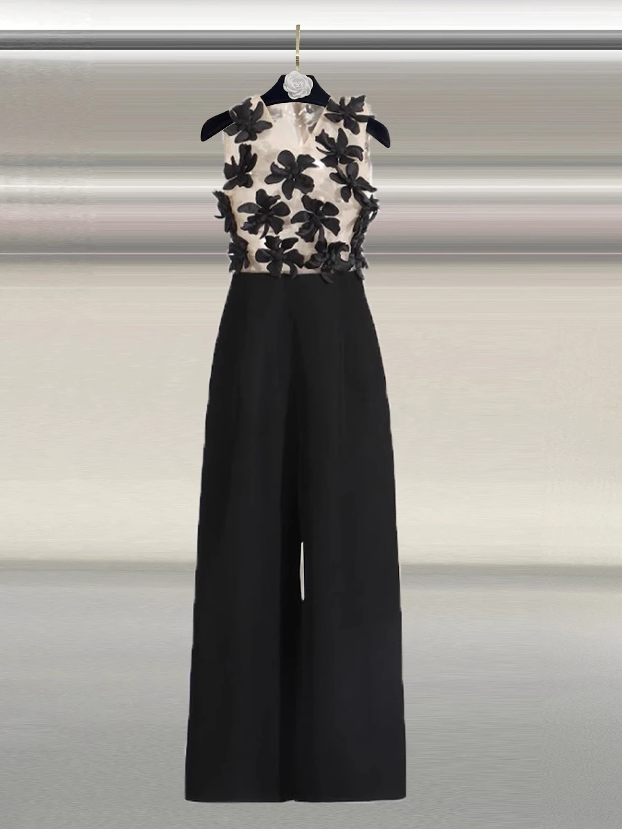 CHICEVER Tuta elegante con applicazioni impiombate ritagliate per Owmen O Collo senza maniche Vita alta Patchwork Zip Tute bianche Donna