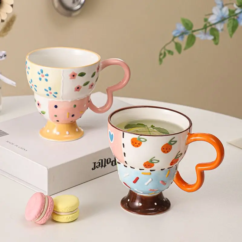 Hand Drawn Relief Household Ceramic Cups, 350ML Drinking Mugs, High Footed Cup, Design Sense, Coffee, Cute Milk Drinkware