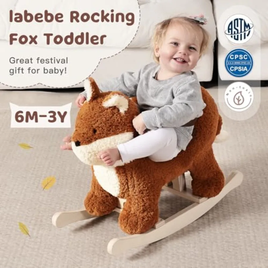 Koń na biegunach dla niemowląt, koń na biegunach w kształcie brązowo-czerwonego lisa z pasem bezpieczeństwa, pluszowy konik na biegunach dla dzieci, pluszowa zabawka na biegunach dla dzieci
