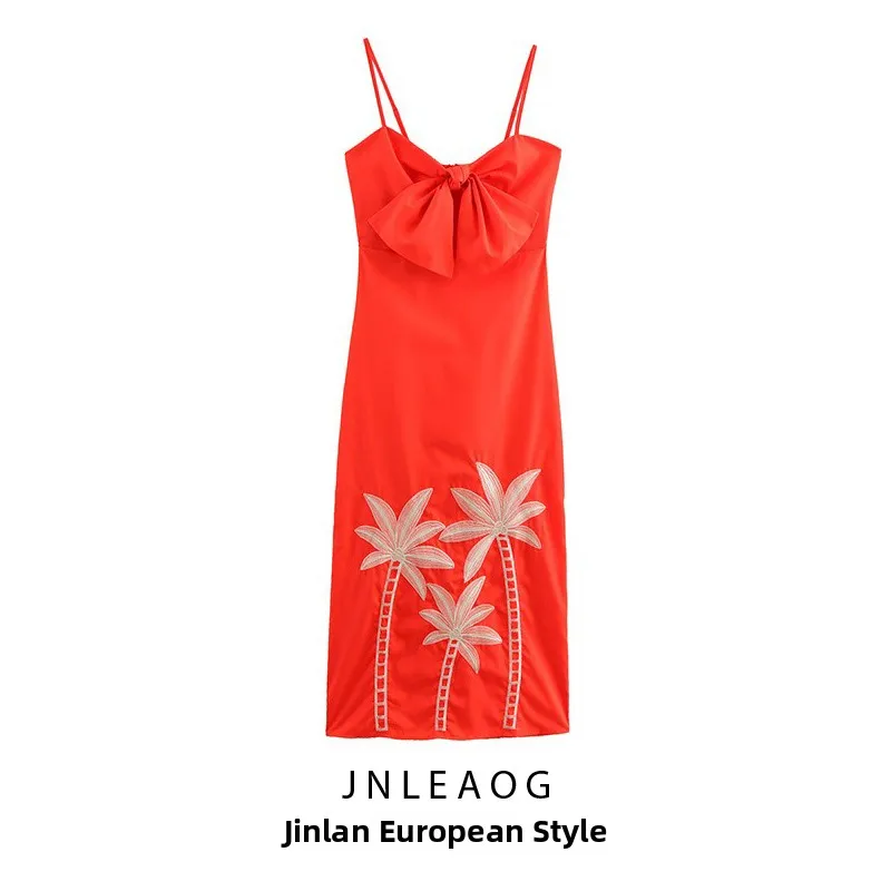 JNLEAOG ชุดเดรสสปริงใหม่สำหรับผู้หญิง ดีไซน์แฟชั่น ตกแต่งด้วยปม ปักลาย สายรัดเอวสูง ผ้าโพลีเอสเตอร์