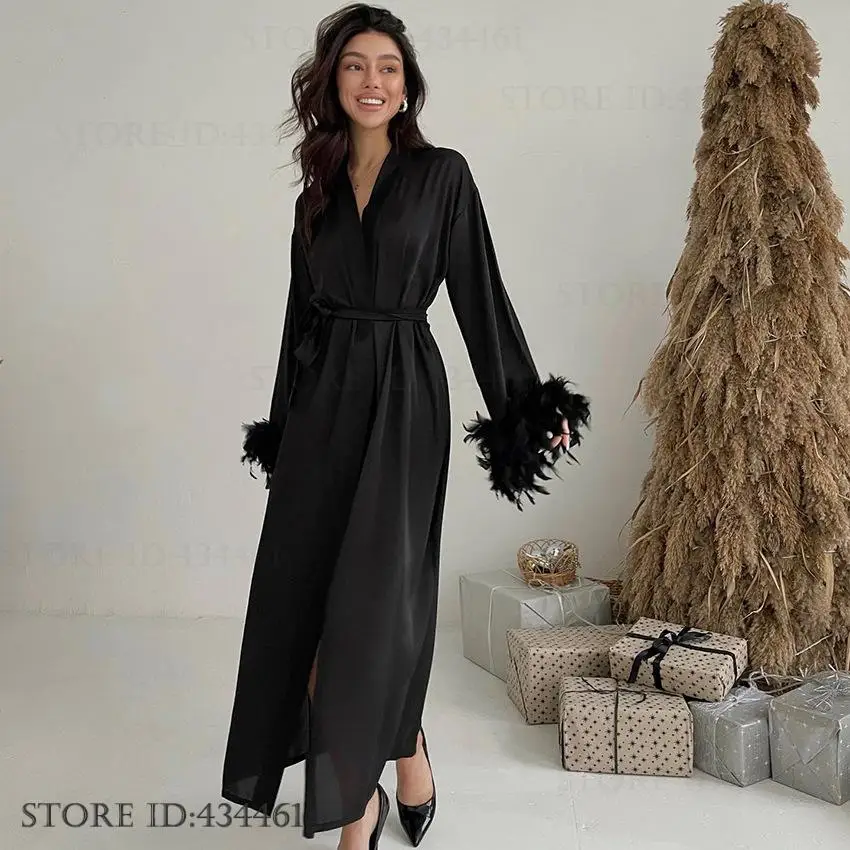 Moda czarne pióro długa suknia Negligee wiosna lato damska piżama bielizna nocna seksowna satynowa koszula nocna szlafrok odzież domowa