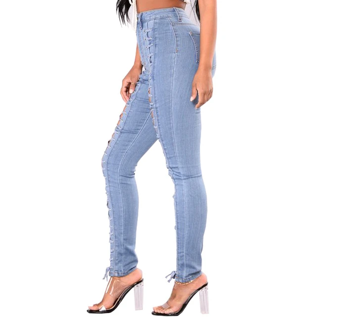 Summer New Bandage Sexy Hollow Skinny Denim Trousers Ladies Jeans Women's Clothing