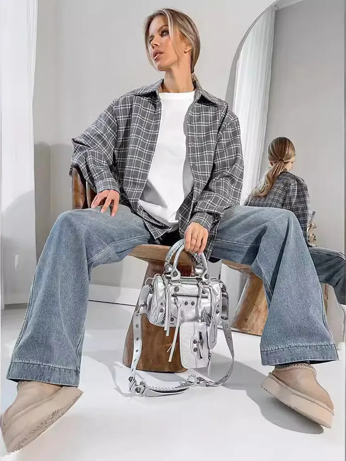 여성용 루즈핏 체크 카라 셔츠 캐주얼 슬레 패치워크 롱 슬리브 레귤러 얇은 여름 컬렉션 중국산