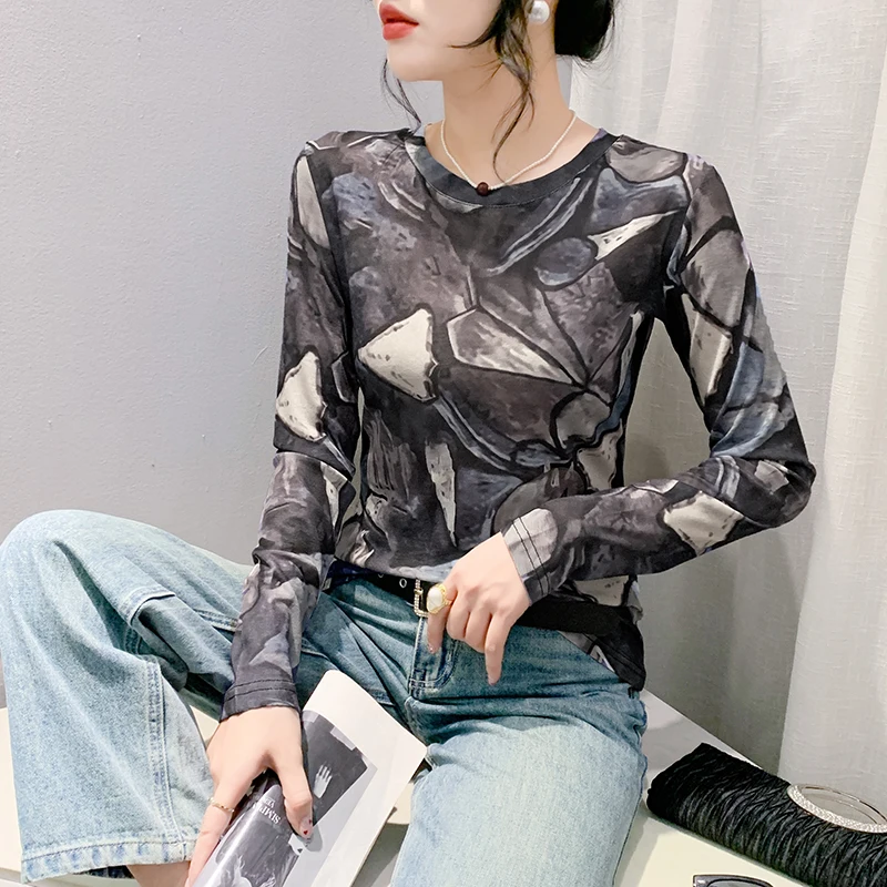 MadBlack-European 2025 Spring T-Shirt, Sexy Women's O Neck Geometry Printed Top, Streetwear Long Sleeve Slim Mesh Tee T51705CC