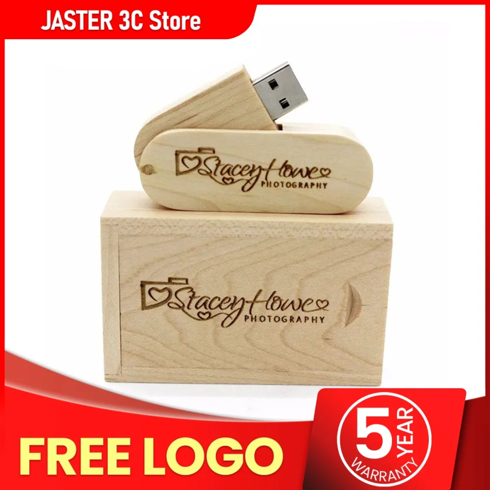 

JASTER 1PCS free custom logo rotatable Wooden USB Flash Drive 2.0 pendrive 8GB 4GB 32GB 64G 16GB U disk photography wedding gift