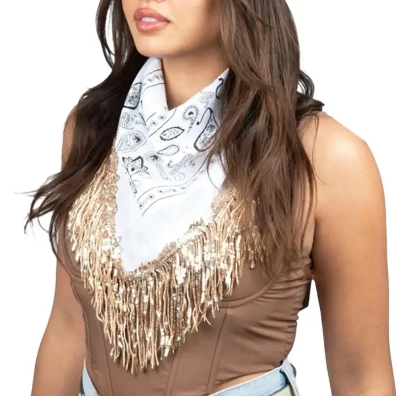 Square Fringe Neck Scarf Patterned Bandana Scarf with Gold Trim for Party Festival Concert and Photo Styling Wear 6XDA