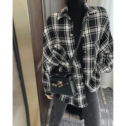 2022 Woman Oem Plaid Tweed Oversize Heavy Blouses Shirts Cardigans Jackets Clothing Korean Fashion Tops Vintage Autumn Winter