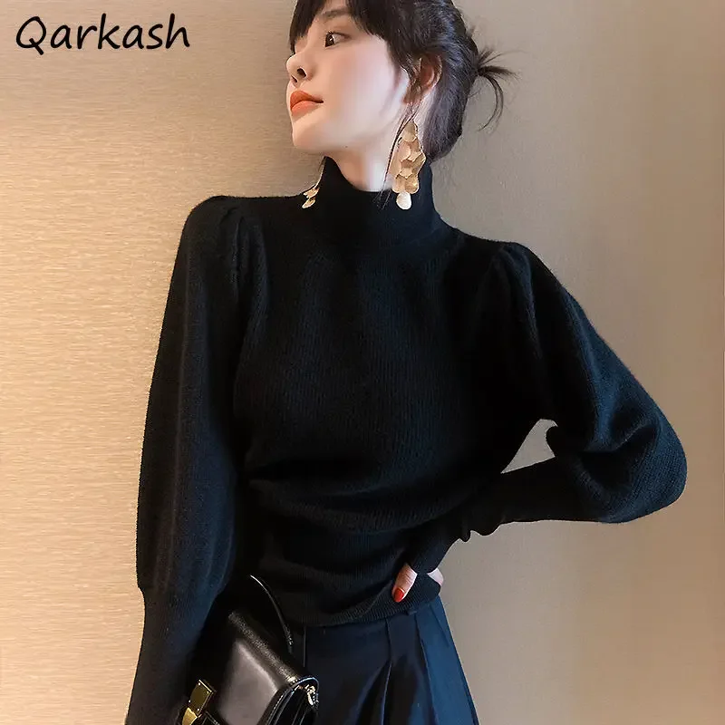 

Solid Pullovers Women Sweater Half High Collar All-match Simple Fashion Slim Elegant Autumn Clothes Ins Hot Sale Ulzzang Stylish