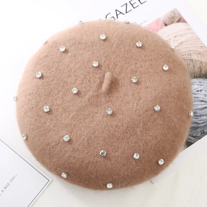 14 Colors Women Winter Wool Berets Pearl Rivet Vintage Cashmere Female Warm Girls Classic Flat Cap Beret Women Painter hats