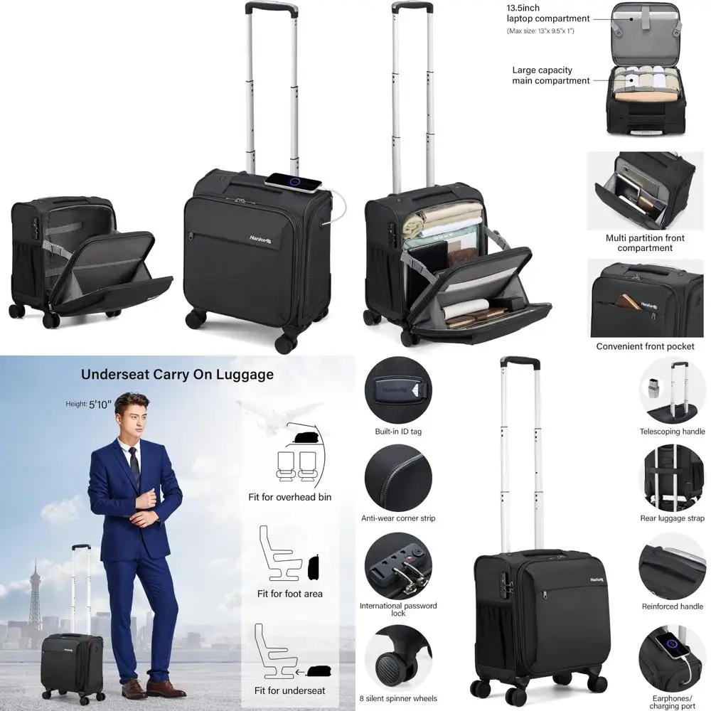 Lightweight 16 Inch Softside Underseat Carry-On Luggage with Wheels, Small Suitcase for Travel, Ultra-Portable Bag for Efficient