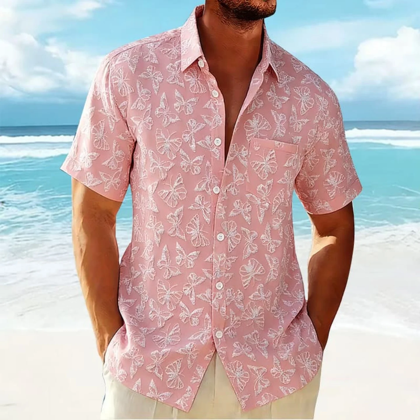

Men's Butterfly Floral Print Short Sleeve Shirt, Breathable Casual Button Down for Beach