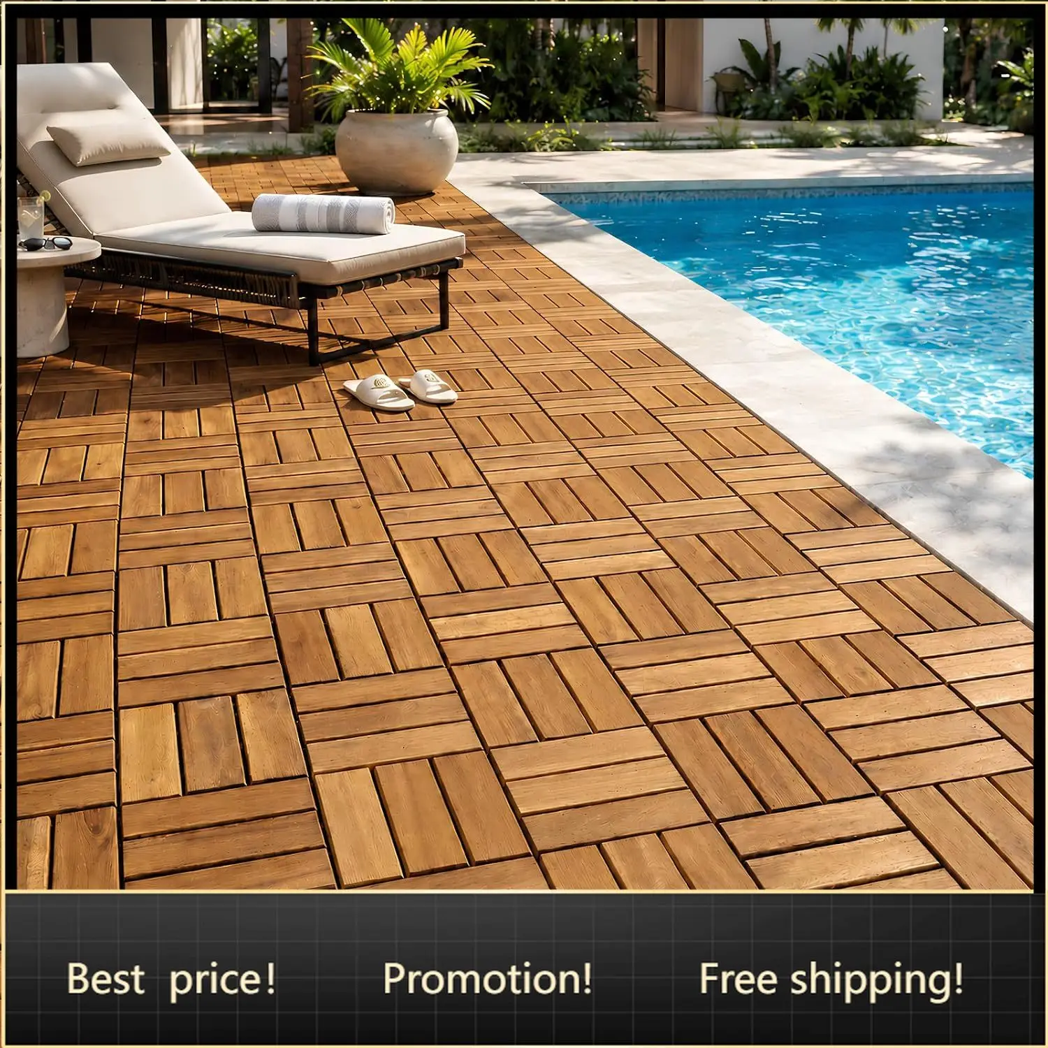 BestsellerPremium Deck Tiles, 30 Pcs Patio Flooring - Golden Teak - Crossed | Square Joints - Interlocking Deck Tiles, 12"x12"x0