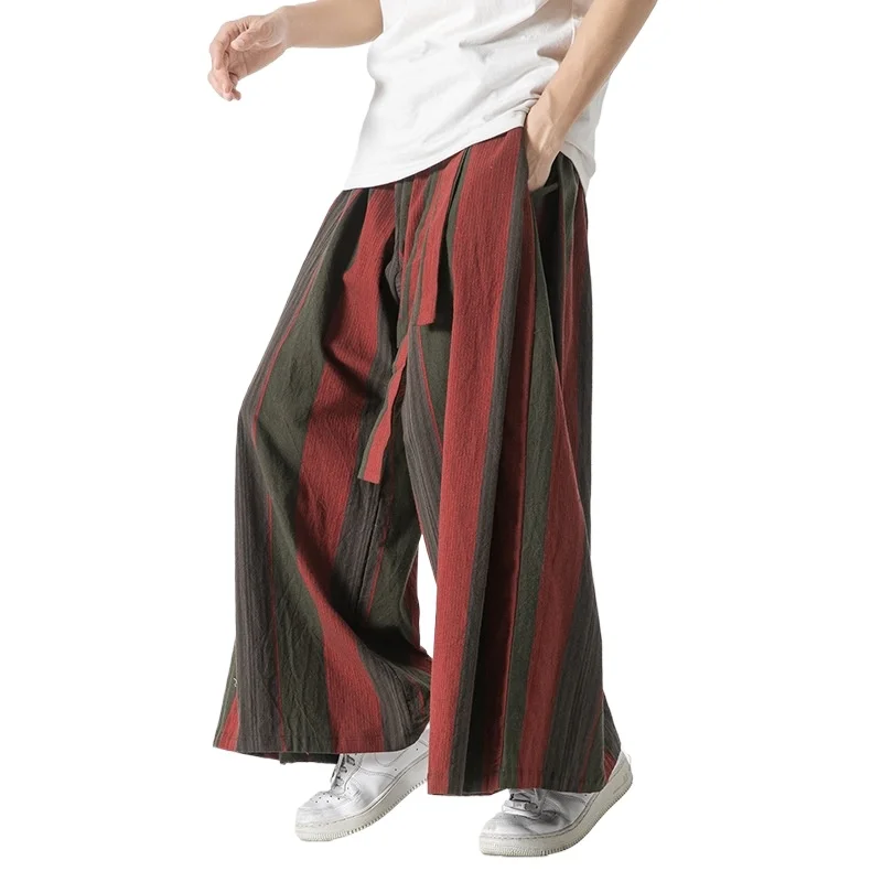 

Autumn and Winter New Large Size Chinese Wind Cotton and Linen Striped Straight Wide-leg Pants Retro Casual Men's Pants