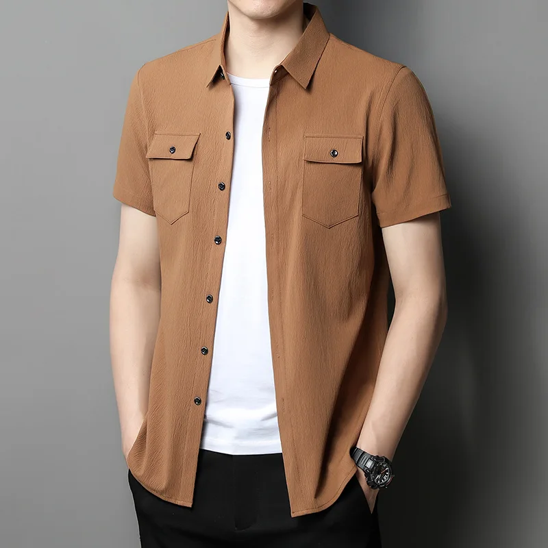 2023 Summer Men\'s Polo Solid Color Cardigan Button Pocket Workwear Short Sleeve T-shirt Fashion Formal Loose Casual Shirt Tops