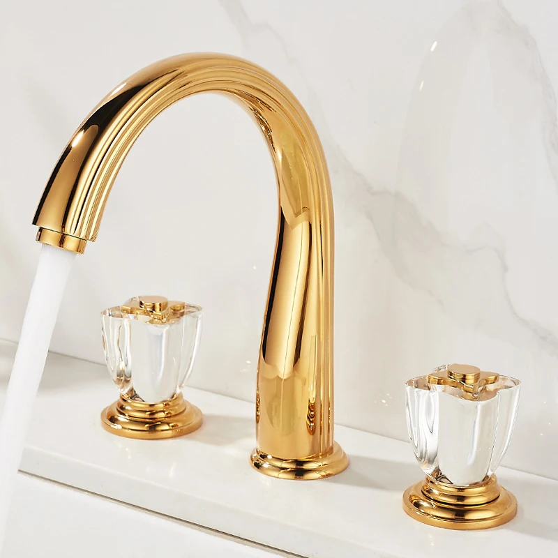 Basin Faucet Mixer Bathroom Sink Faucets Gold Paint Brass 3 Holes Double Handle Bathbasin Bathtub Taps Hot And Cold Water Taps