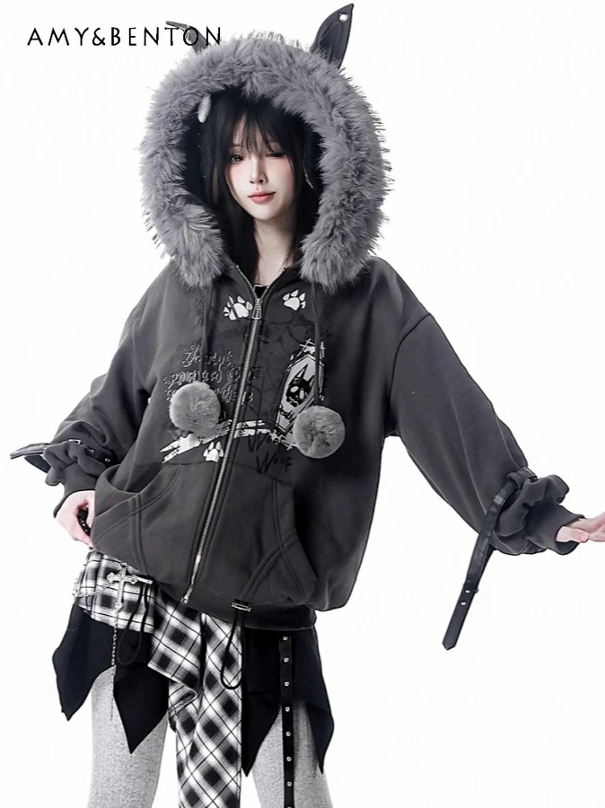 

Winter Harajuku Style Big Fur Collar Fur Ball Hooded Gothic Print Fleece Jacket Striped Long Sleeve Top Irregular Mini Skirt