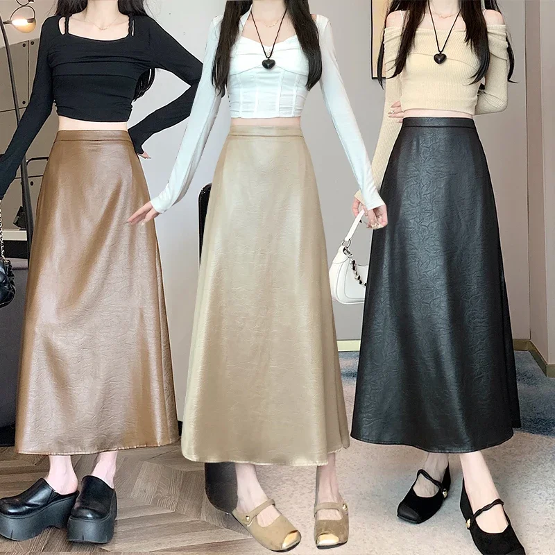 Satin Skirt Women 2025 Spring Autumn New High Waist A-shaped  Slim Long Skirty2k Streetwear Party