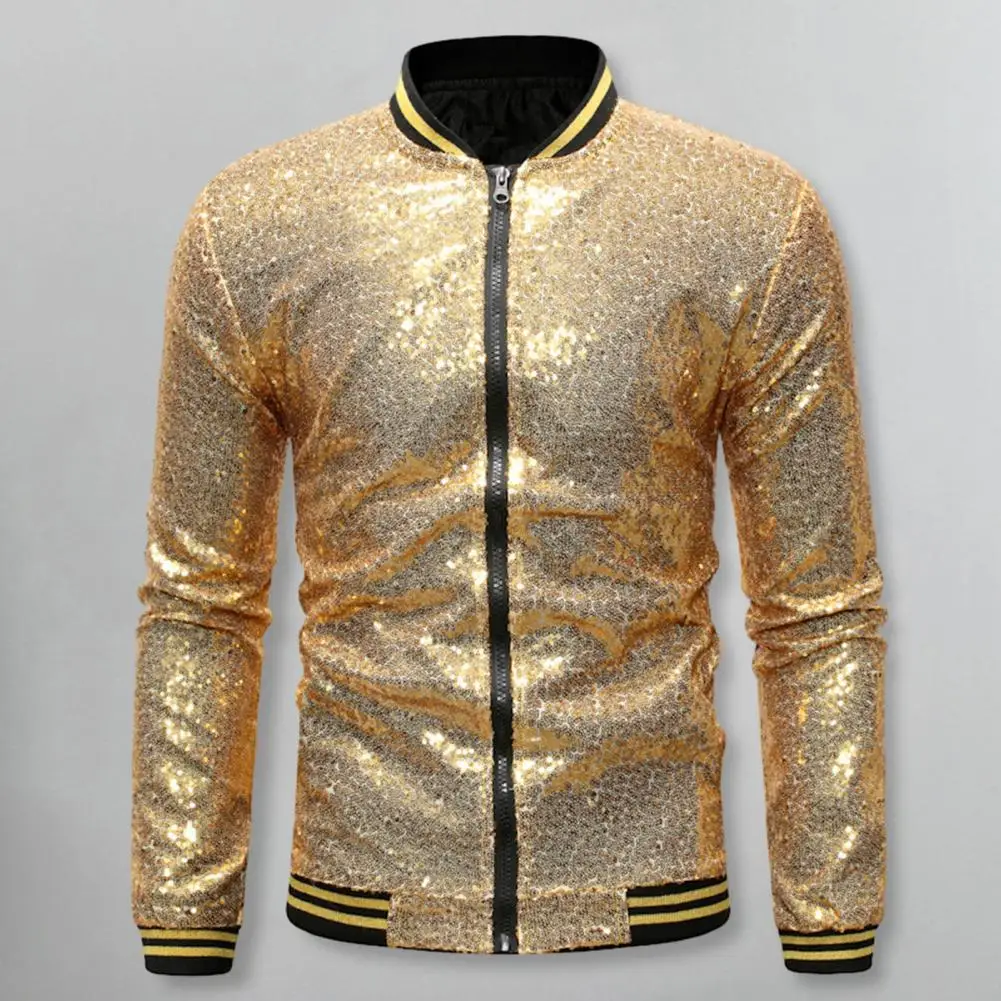 Men Sequin Jacket Stand Collar Shiny Long Sleeves Slim Fit Zipper Closure Cardigan Mid Length Stage Show Dance Performance Coat