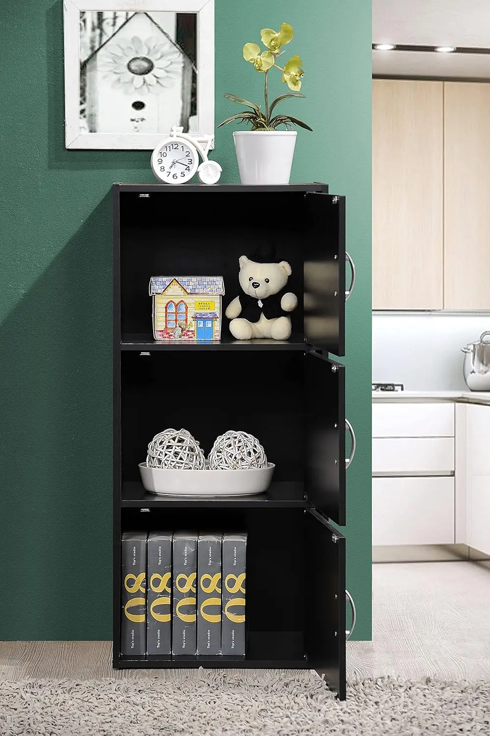 IMPORT 3-Shelf Bookcase Cabinet, Black