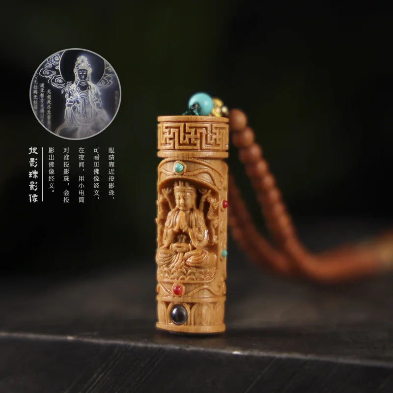 Natural old material sandalwood DIY carving thousand hands Guanyin cylindrical projection Buddha scripture pendant necklace  men