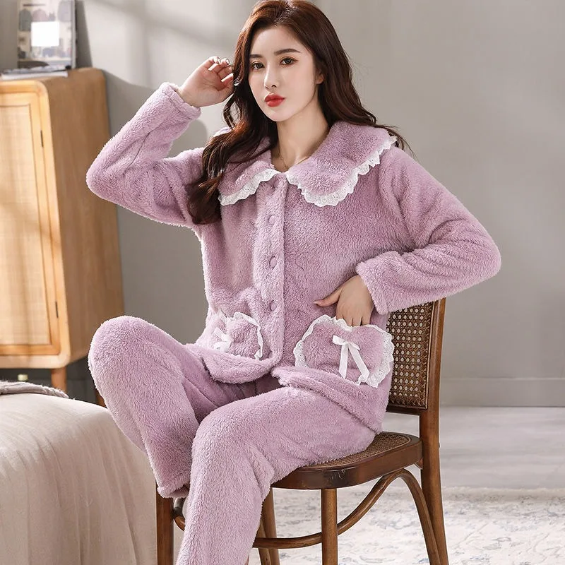 

2023 Pajama Women Autumn Winter Coral Fleece Thickened Loungewear Warm Korean Version Can Be Worn Outside Plus-size Homewear Set