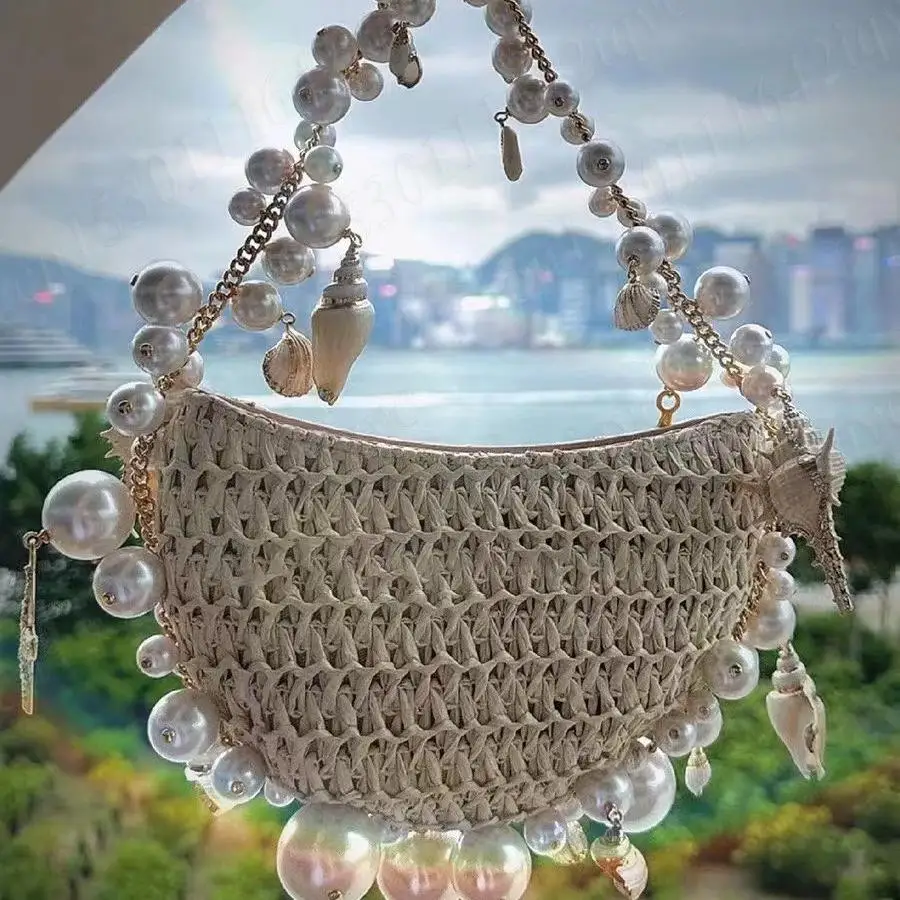 

Bohemian Pearls Straw Bag Hand-Woven Conch Starfish Handbags Half Moon Beach Shoulder Bags Rattan Seaside Travel Underarm Pouch