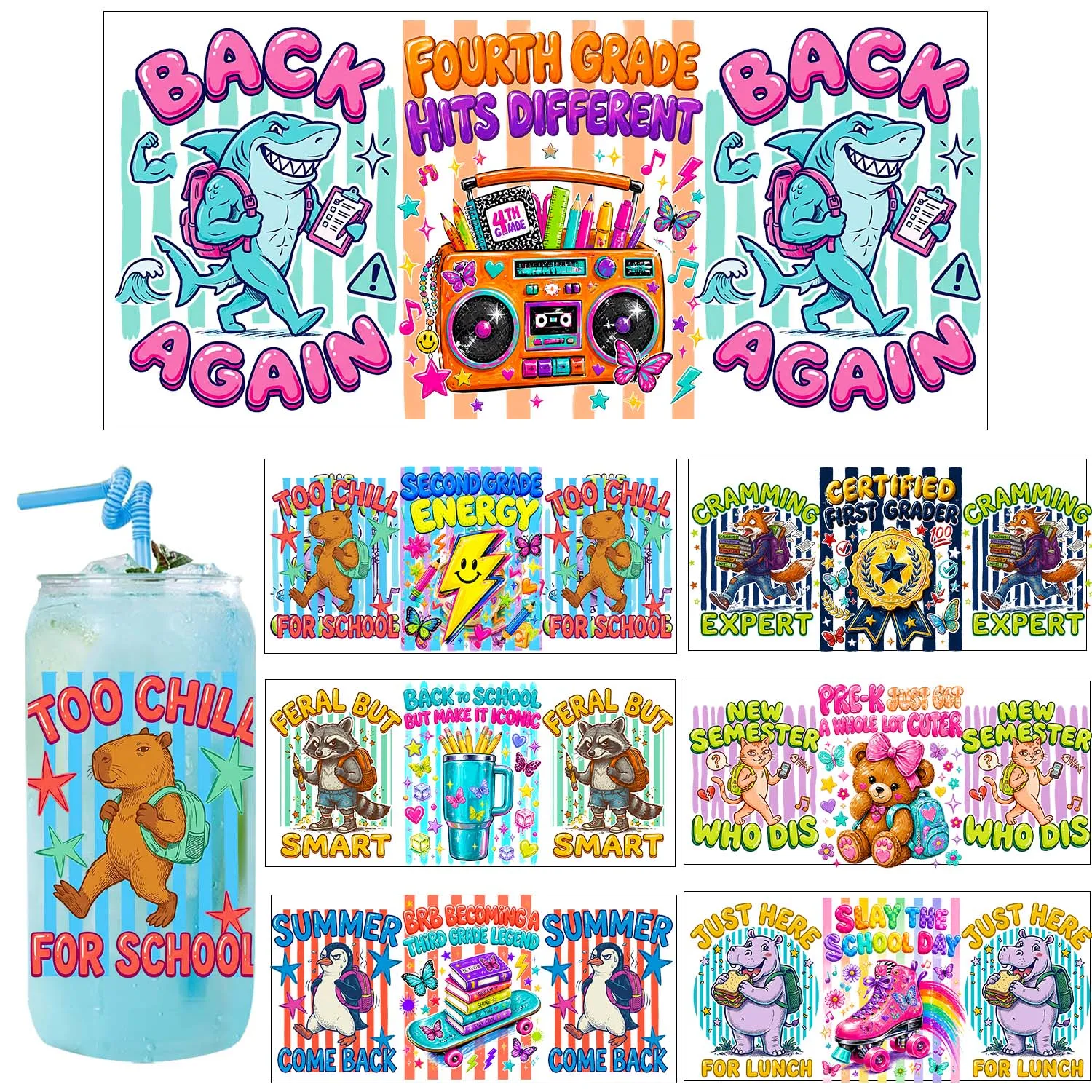 5 Sheets Back To School Cartoon Theme UV DTF Sticker Party DIY Decals 3D transfers uvdtf Tumbler Stickers 16oz uv dtf cup wraps