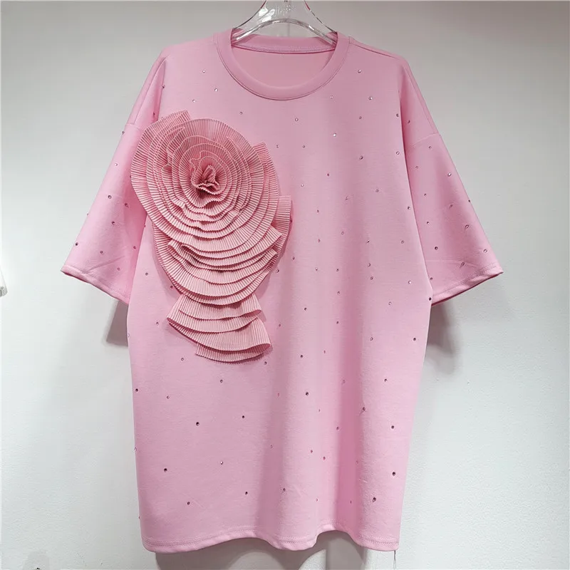 

Summer Hot Drilling 3D Folding Big Flower T-shirts Rhinestones Pleated Floral Tees O-Neck Short Sleeve Ruched Jumpers Crop Tops