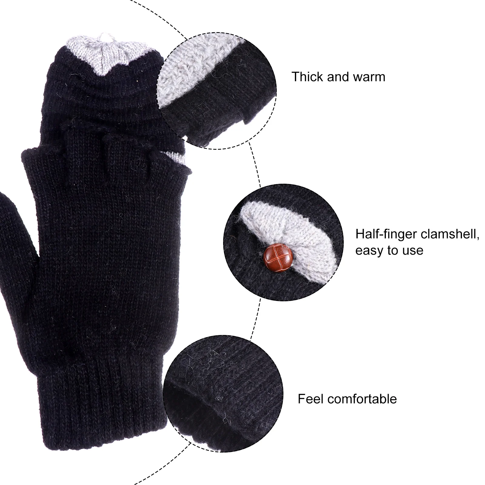 

1Pair Women Mitten Convertible Gloves Winter Hands Warmer Half Finger Knitted Warm Clamshell Design Convertible Mittens