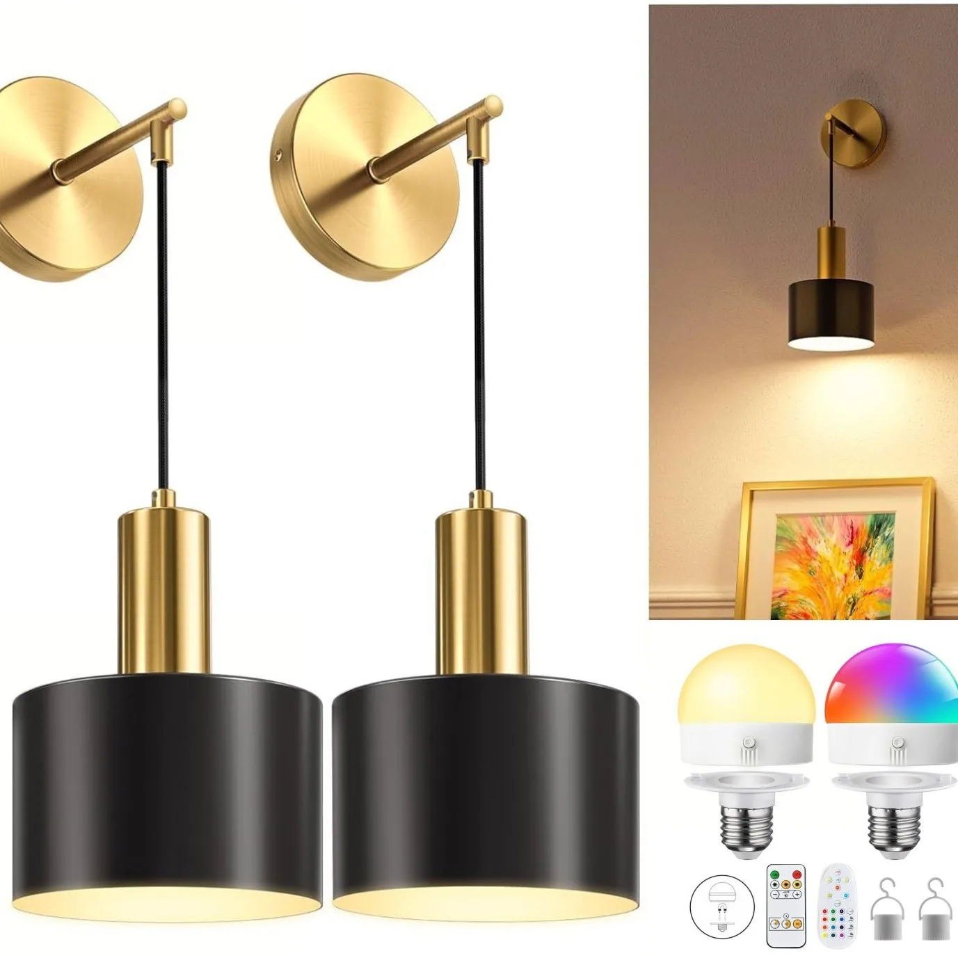 

Black Gold Wall Lamp with Remote-Charging, Easy Install for Bedroom/Living RoomEnergy-Saving- Remote/Timer, 3 Colors
