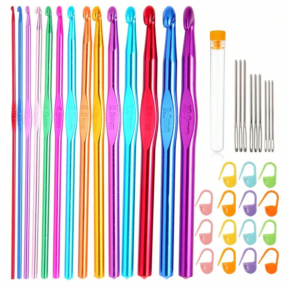 Ensemble de crochets avec poignée ergonomique en aluminium, 43 pièces, poignée ergonomique en aluminium avec marqueurs de points, aiguilles émoussées à grands yeux