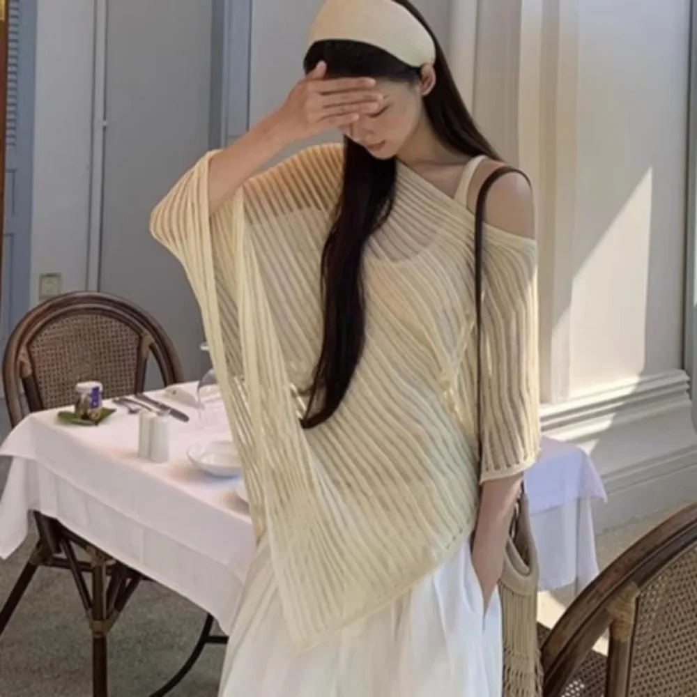 New Style Stripe Patchwork Crochet Hollow Top Loose Transparent Bohemian Shawl Irregular Thin Sunscreen Cover Up Vacation