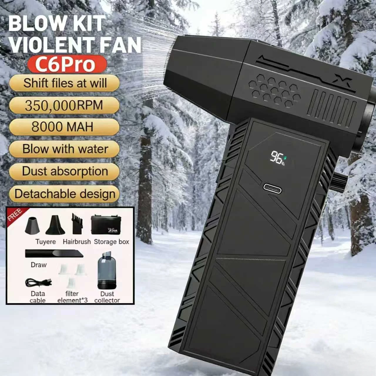 強力なファン、高速ターボファン、990,000 RPM、ターボチャージャー付きC6ブラシレス送風機、秒速65メートル、掃除機