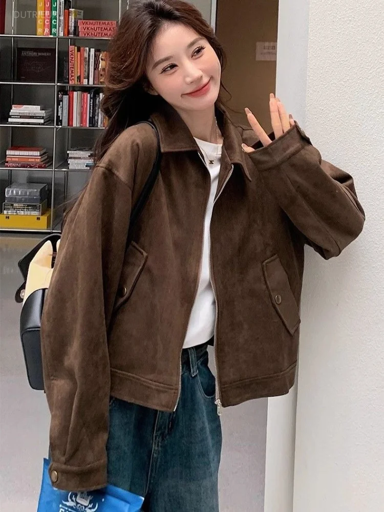 Autumn Vintage Korean Casual Solid Zipper Long Sleeve Pockets Coat