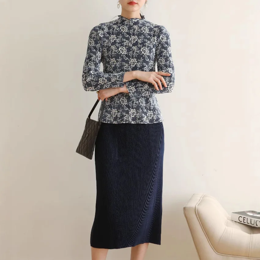 2025 Zomer Nieuwe Miyake Geplooide Hoge Taille Effen Kleur Half-body Rok Korte Mouw Gedrukt Top Tweedelige Damespak ALSEY