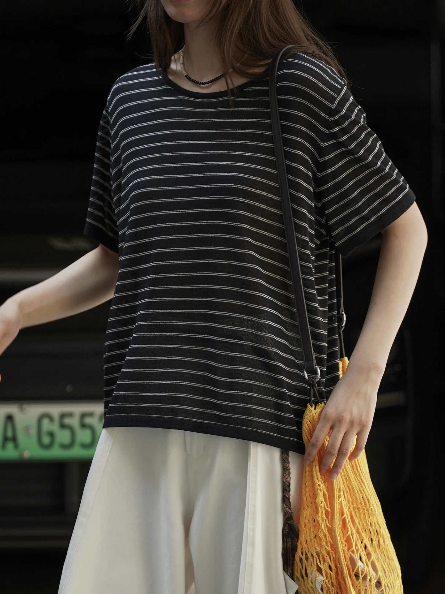 

Summer women's casual striped round neck short sleeved loose T-shirt
