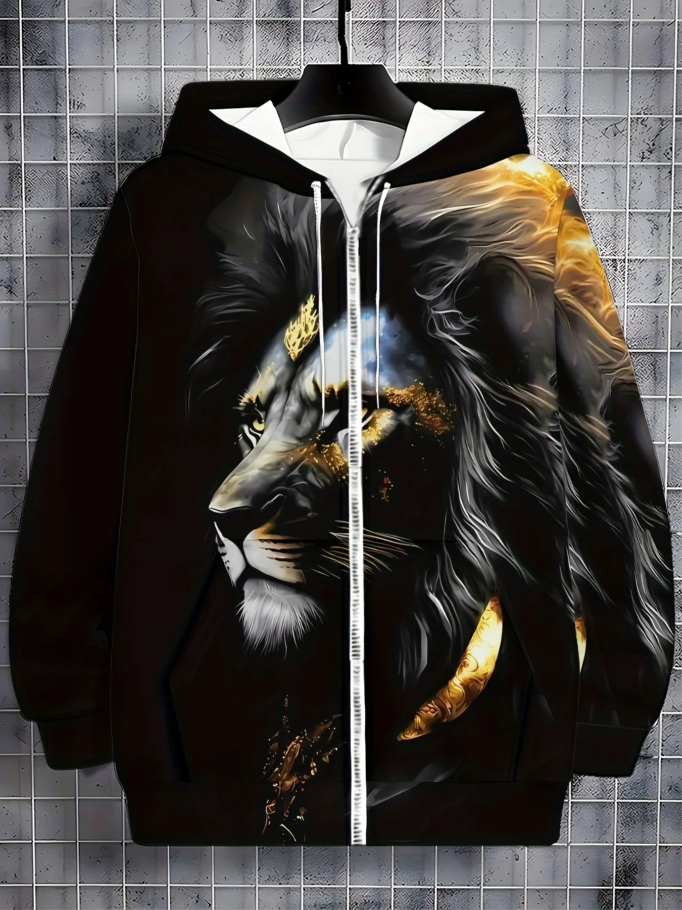 [Hoodie estiloso] Moletom com capuz com zíper e estampa de leão elegante |   Pulôver masculino de manga comprida com cordão, bolsos e tecido de poliéster quente
