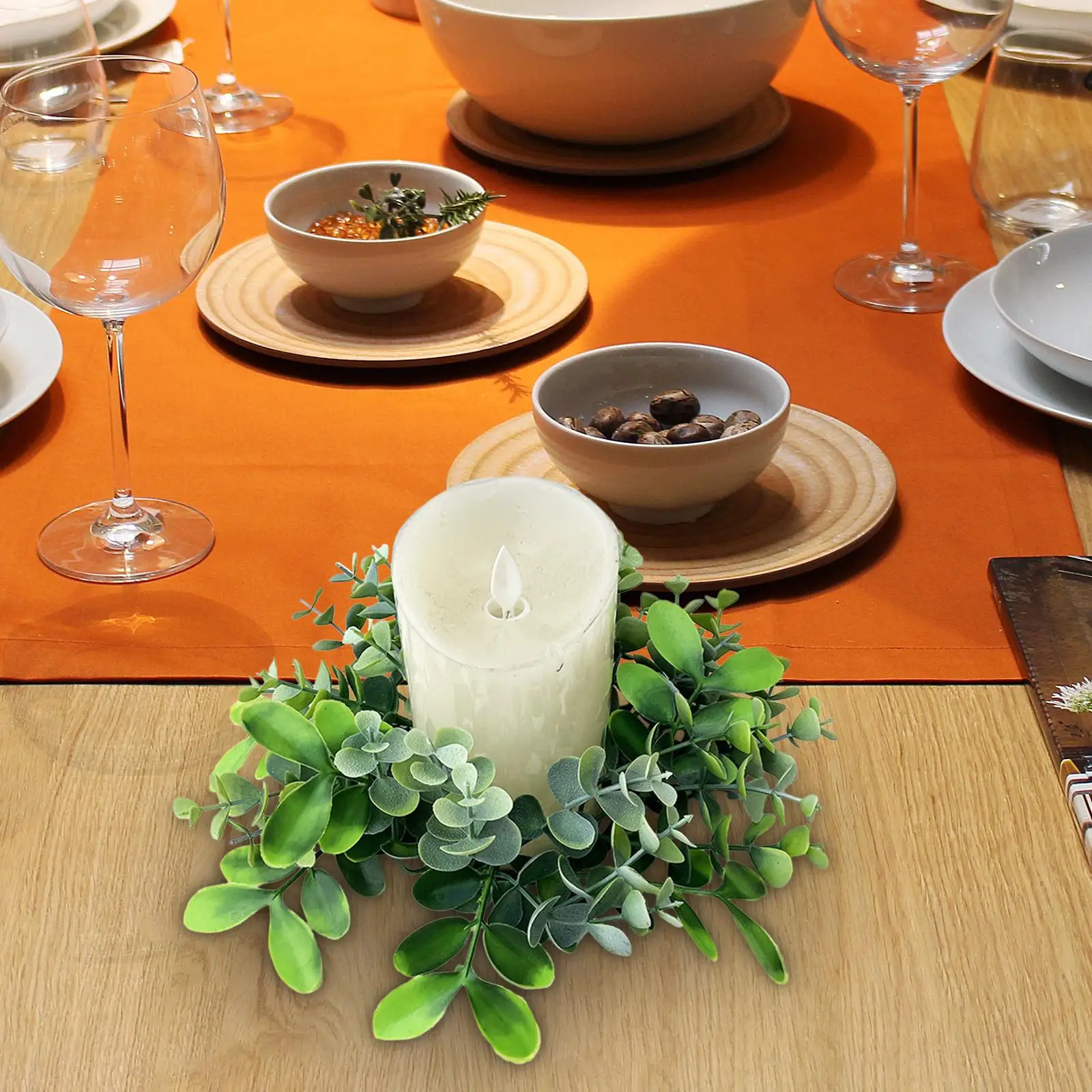 Candle Ring Artificial Eucalyptus Leaves Wreath Home Decor Rustic 9.8inch Small Wreath for Wedding Door Celebration Farmhouse