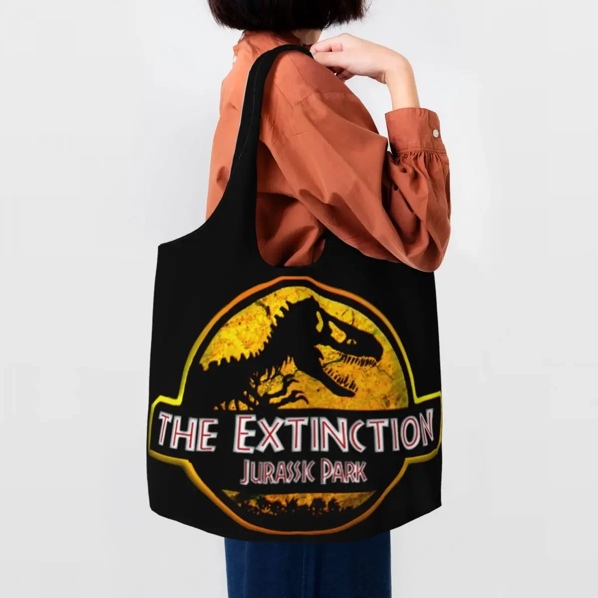 

Custom Dinosaur World Jurassic Parks Canvas Shopping Bag Women Durable Big Capacity Grocery Shopper Tote Bags Handbag