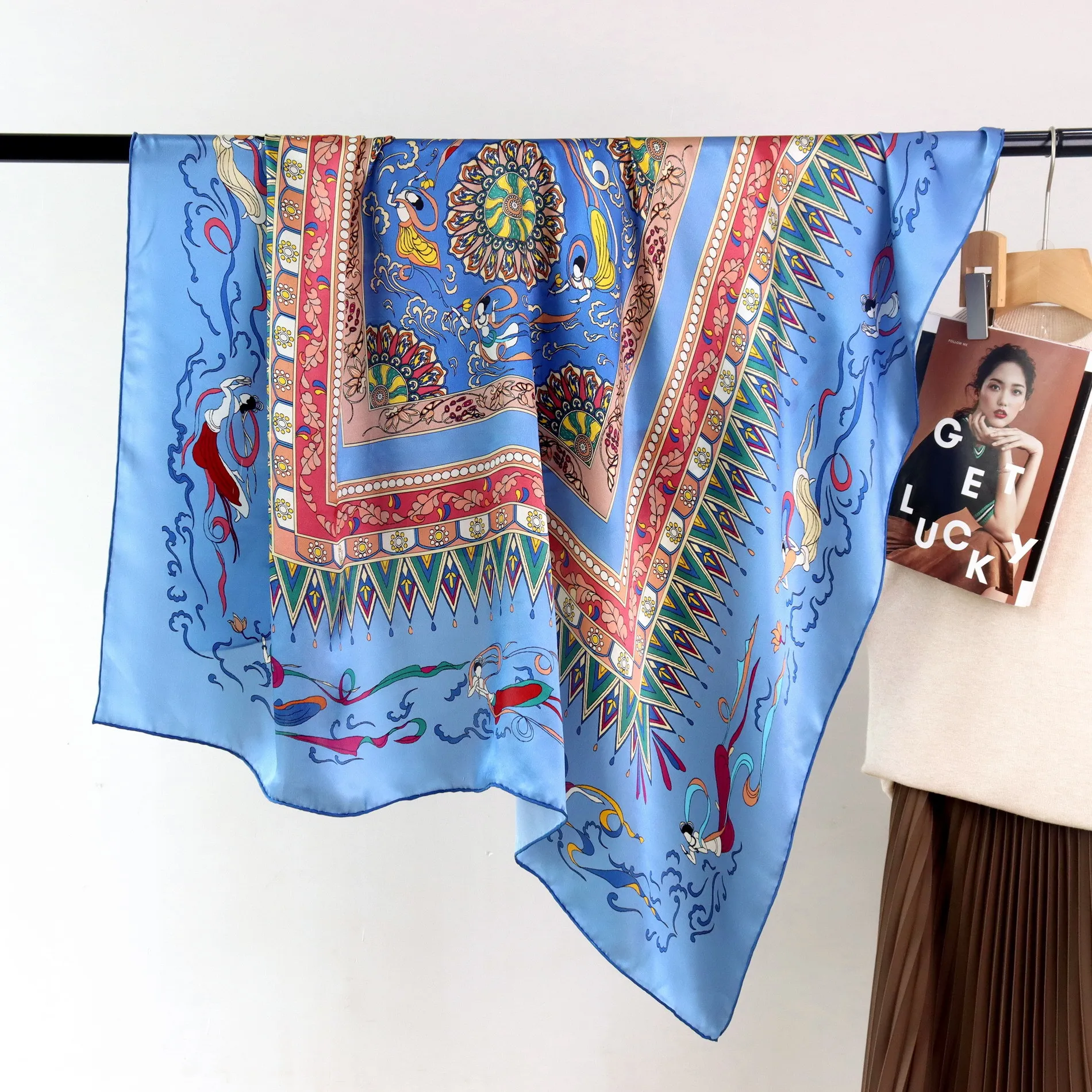 

High-end Elegant Women Fine Dunhuang Mural Lotus-patterned Print Quality Plain Satin Silk Hand-rolled Edge Square Scarf Shawl
