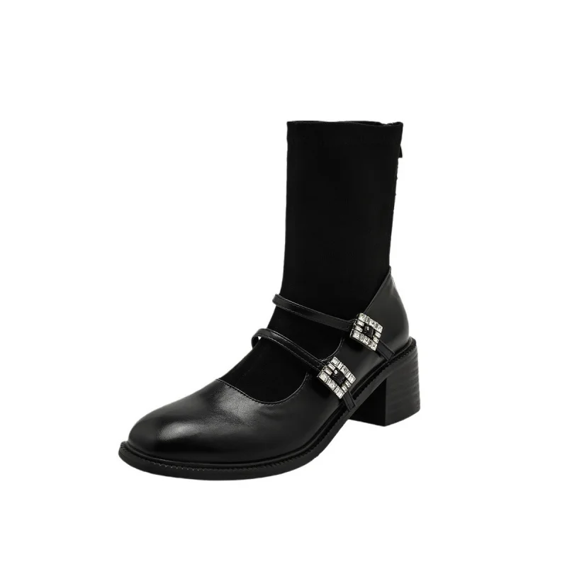 تمتد نحيل الأحذية النسائية صندل بكعب مكتنز حذاء من الجلد عالية الكعب الفرنسية حجر الراين2025New موضة خمر ماري جين الجوارب الأحذية