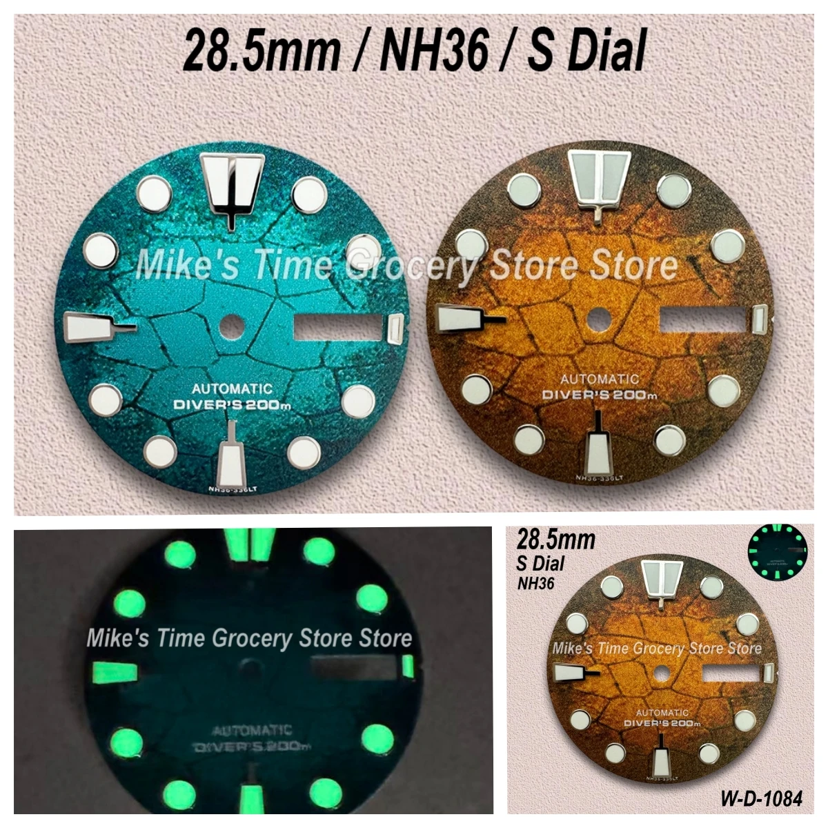 

28.5mm S Logo Diving Dial for NH35/NH36/4R/7S Movements Green Luminous Tree Leaves Dual Calendar Watch Modification Accessories