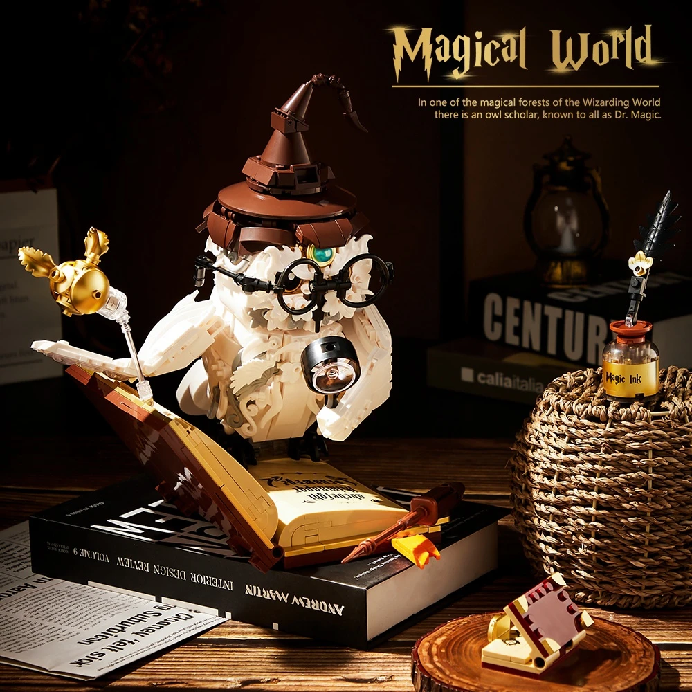 Magical World Building Blocks Owl Doctor Magic Book and Lights Models Boys Assembly Animal Bird Bricks Toys Kid Christmas Gifts