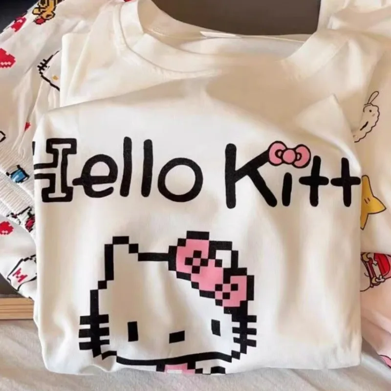 Sanrio Hello Kitty Pajamas for Women, Cute Cartoon Student, Round Neck, Short Sleeve, Long Pants, Home Set, Summer, Pixelated, 2