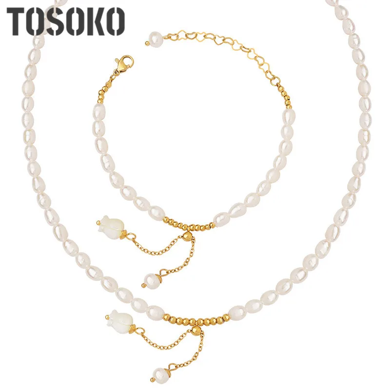 

TOSOKO Stainless Steel Jewelry Flower Pendant Necklace Freshwater Pearl Bracelet Women's Fashion Set BSP1310-E373