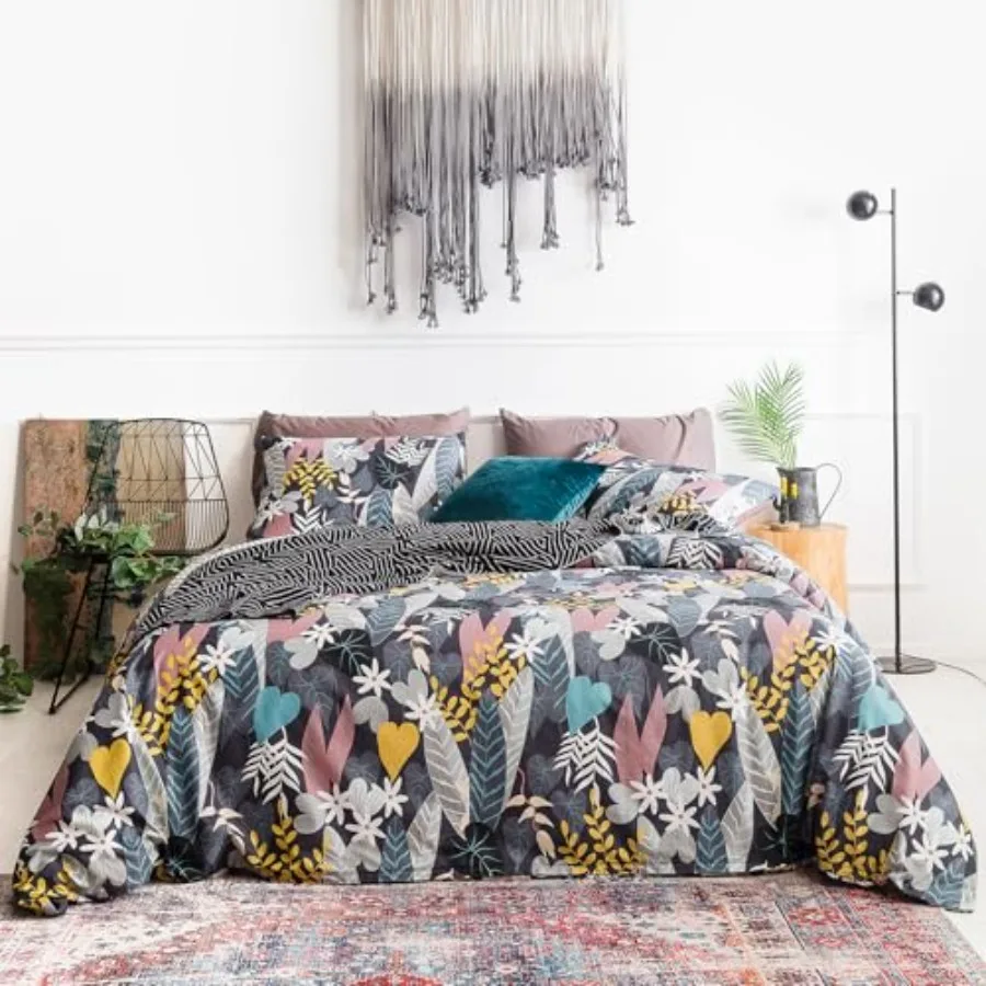 

Black Botanical Duvet Cover 100% Cotton 3 Pcs Set 1 Blue Yellow Tropical Leaves Duvet Cover with Zipper Ties 2 Pillowcases Farm