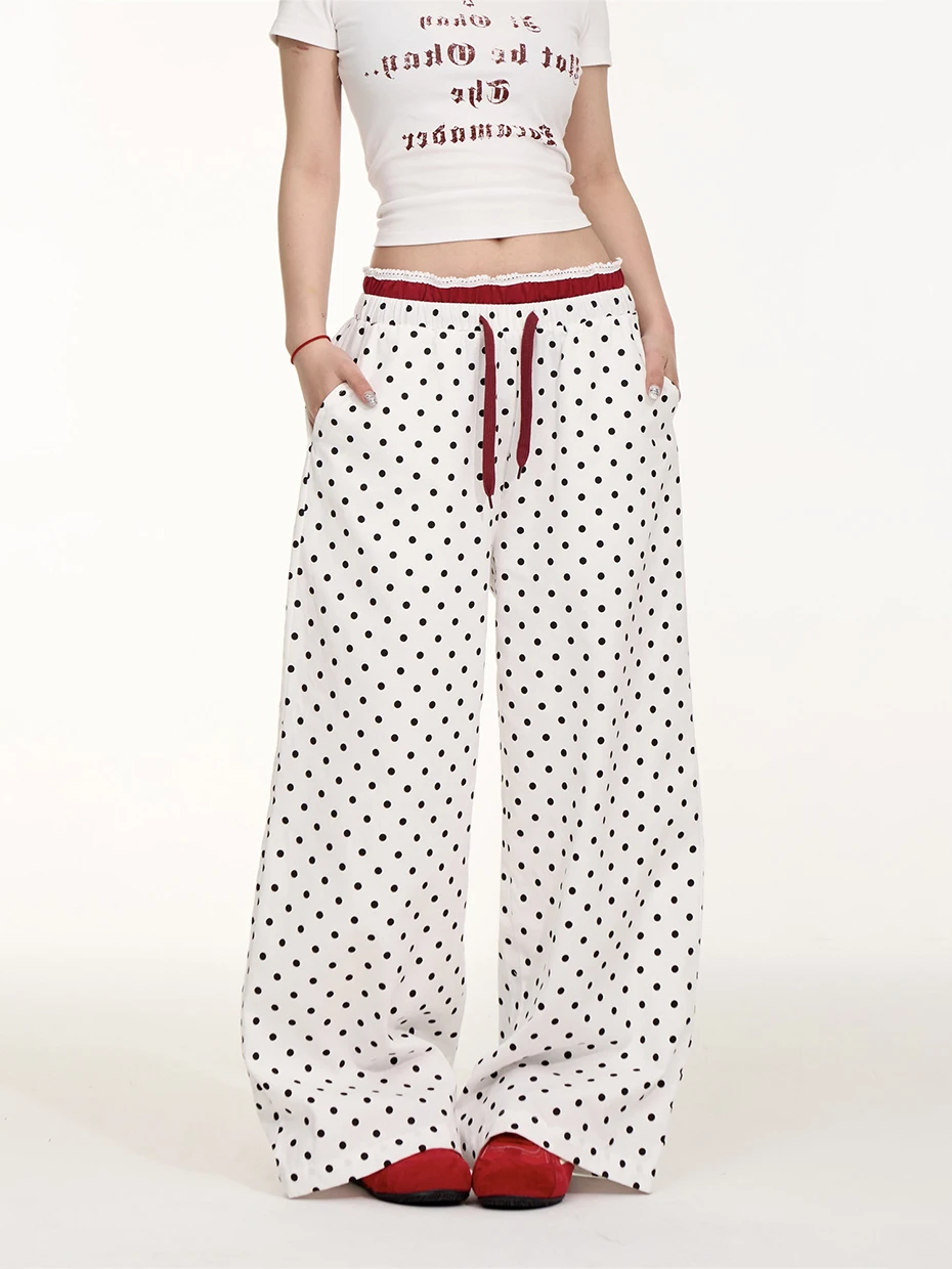 

Женские повседневные брюки в американском стиле с ретро-принтом в горошек, летние, свободные, с эффектом похудения, с поясом, на эластичной талии, широкие, в пол.