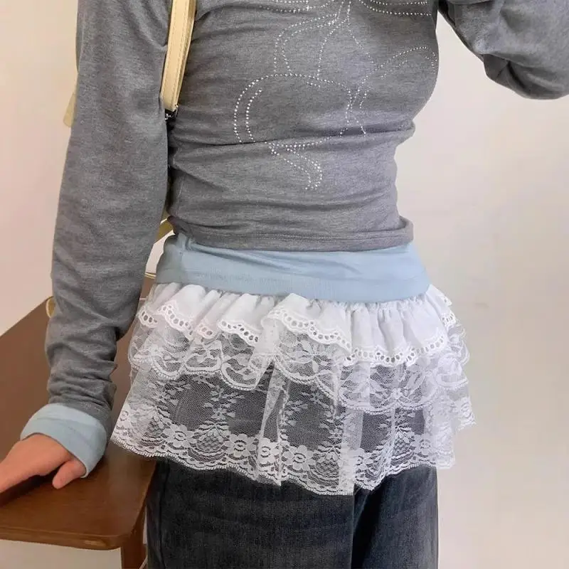 Modna koronkowa nieregularna spódnica z siateczki z białymi kwiatami, koronkowa spódnica do połowy uda, damskie letnie doły, ozdobny dół do jeansów