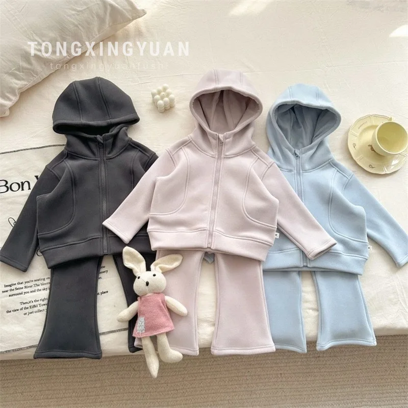 Winter Korean Kids Baby Girls 2PCS Clothes Set Versatile Solid Leisure Hooded Coat Sports Warmth Thickened Flared Pants Suit