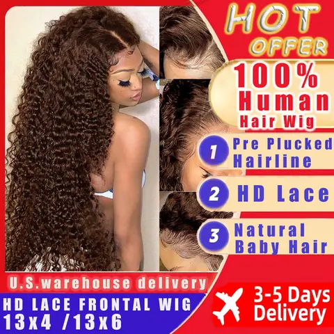 Chocolate Brown Deep Wave Human Hair Wig 30 Inch Transparent Lace Frontal Wigs For Women 13x6  Lace Front Water Curly Wave Wig